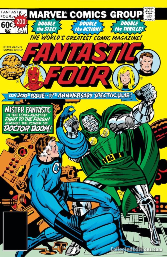 Fantastic Four #200 cover; pencils, Jack Kirby; inks, Joe Sinnott; Doctor Doom vs. Mister Fantastic, Reed Richards, Victor Von Doom, 200th issue