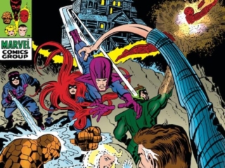 Fantastic Four #94 cover; pencils, Jack Kirby; inks, John Verpoorten; The Return of the Frightful Four, Agatha Harkness haunted mansion house; Medusa, Wizard, Sandman, Trapster