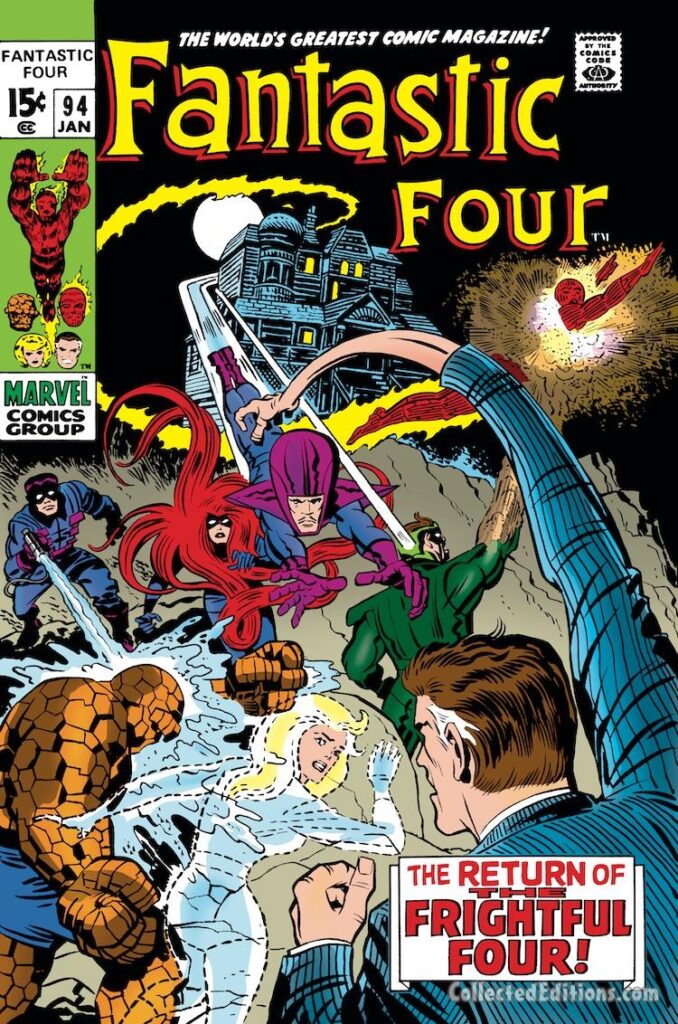 Fantastic Four #94 cover; pencils, Jack Kirby; inks, John Verpoorten; The Return of the Frightful Four, Agatha Harkness haunted mansion house; Medusa, Wizard, Sandman, Trapster