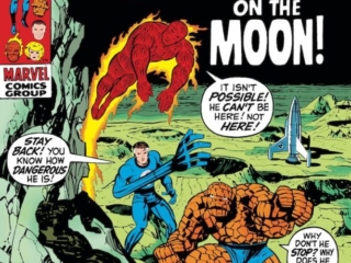 Fantastic Four #98 cover; pencils, Jack Kirby; inks, Joe Sinnott; Doomsday on the Moon, FF Pogo Plane, moon landing, Reed Richards, Thing, Human Torch