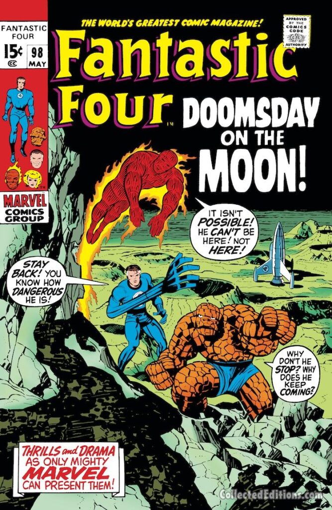 Fantastic Four #98 cover; pencils, Jack Kirby; inks, Joe Sinnott; Doomsday on the Moon, FF Pogo Plane, moon landing, Reed Richards, Thing, Human Torch