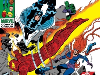 Fantastic Four #99 cover; pencils, Jack Kirby; inks, John Verpoorten; In Battle Against the Uncanny Inhumans, Black Bolt, Triton, Medusa, Karnak, Gorgon, Crystal, Human Torch, The Torch Goes Wild