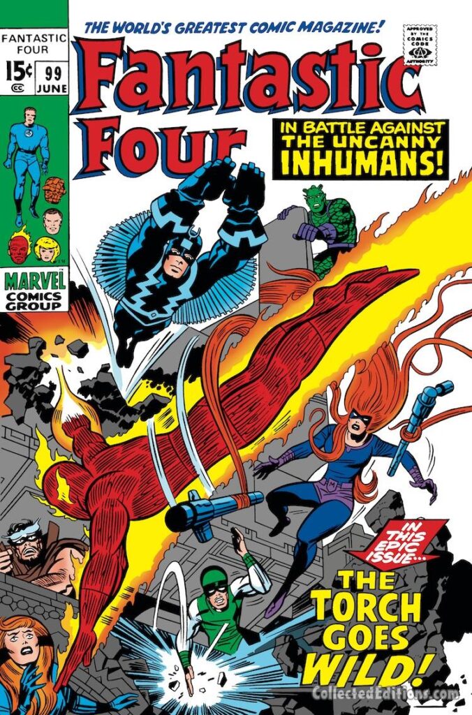 Fantastic Four #99 cover; pencils, Jack Kirby; inks, John Verpoorten; In Battle Against the Uncanny Inhumans, Black Bolt, Triton, Medusa, Karnak, Gorgon, Crystal, Human Torch, The Torch Goes Wild