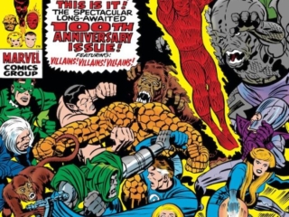 Fantastic Four #100 cover; pencils, Jack Kirby; inks, Joe Sinnott; 100th Anniversary Issue, Sandman, Sub-Mariner, Red Ghost, Super-Apes, Incredible Hulk, Puppetmaster, Dragon Man, Mad Thinker, Human Torch, Doctor Doom