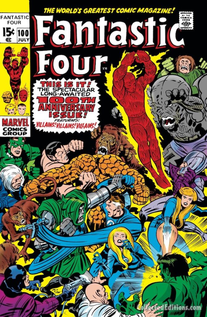Fantastic Four #100 cover; pencils, Jack Kirby; inks, Joe Sinnott; 100th Anniversary Issue, Sandman, Sub-Mariner, Red Ghost, Super-Apes, Incredible Hulk, Puppetmaster, Dragon Man, Mad Thinker, Human Torch, Doctor Doom