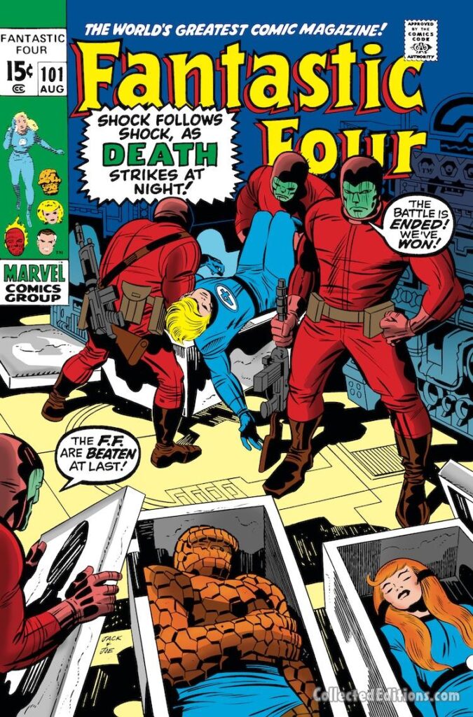 Fantastic Four #101 cover; pencils, Jack Kirby; inks, Joe Sinnott; The FF Are Beaten At Last; Thing, Crystal in coffins; Shock Follows Shock as Death Strikes at Night