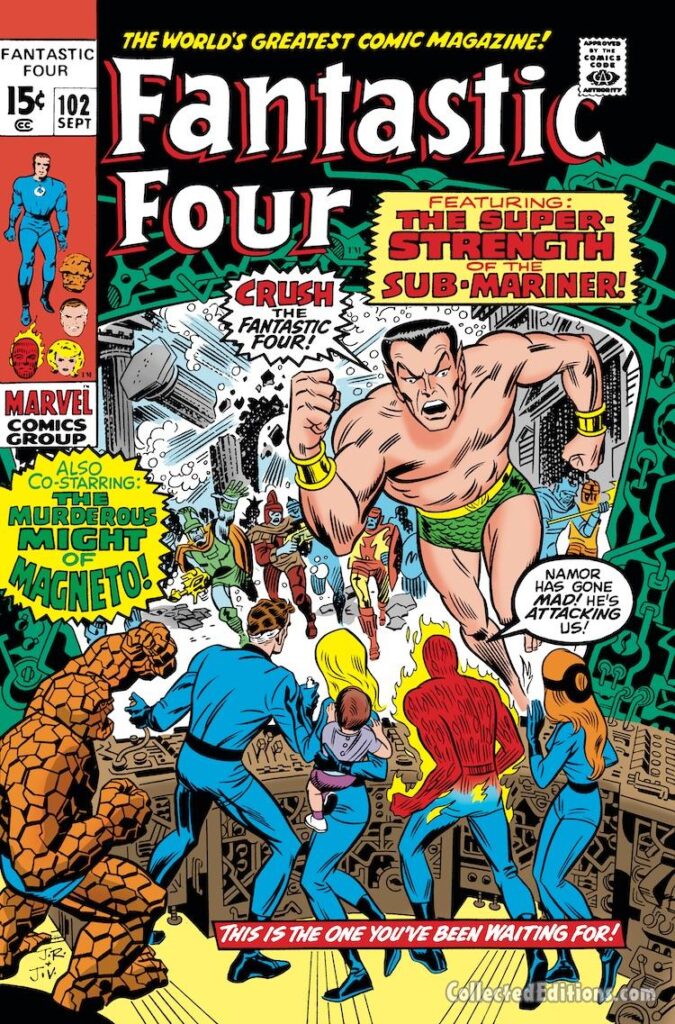 Fantastic Four #102 cover; pencils, John Romita Sr.; inks, John Verpoorten; The Super-Strength of the Sub-Mariner, Namor, The Might of Magneto