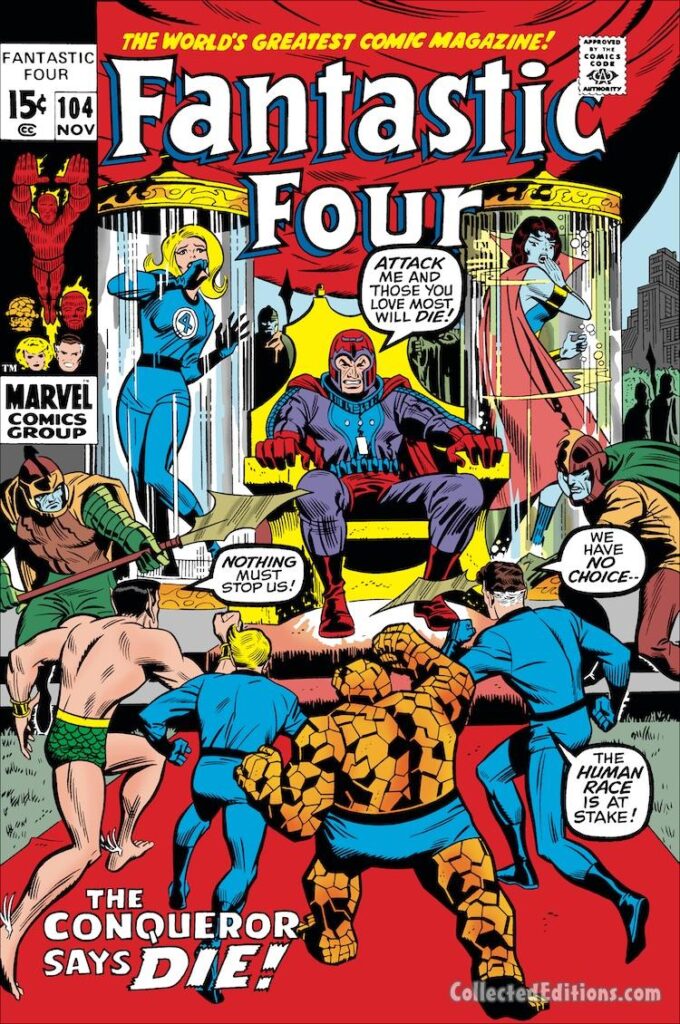 Fantastic Four #104 cover; pencils, John Romita Sr.; inks, John Verpoorten; Lady Dorma, Susan Storm, The Conqueror Says Die, Thing, Atlantis, Magneto
