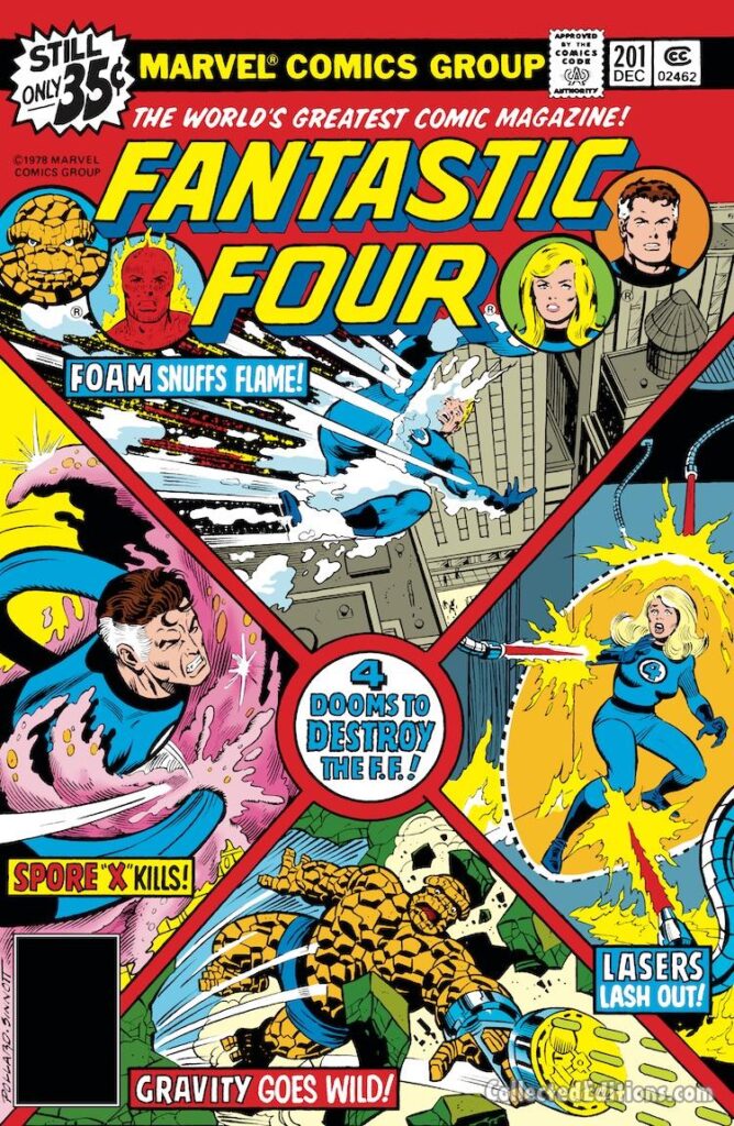 Fantastic Four #201 cover; pencils, Keith Pollard; inks, Joe Sinnott; 4 Dooms to Destroy the FF