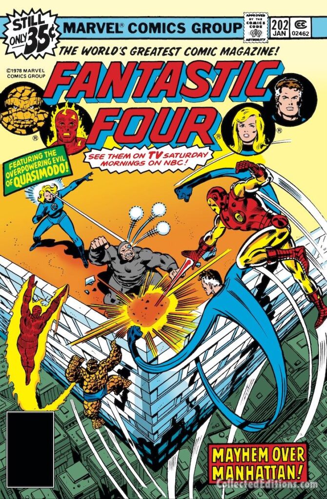 Fantastic Four #202 cover; pencils, John Buscema; inks, Joe Sinnott; Mayhem Over Manhattan, Iron Man, Quasimodo