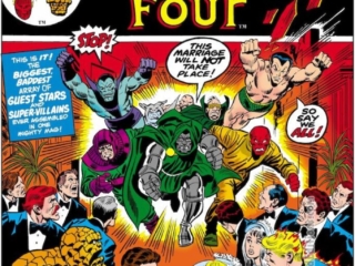 Fantastic Four Annual #10 cover; pencils, John Buscema; inks, Frank Giacoia; The Wedding of Sue and Reed reprint issue, Reed Richards/Susan Storm, marriage, Mr. Fantastic/Invisible Girl, super-villains, Dr. Doom, Red Skull, Nick Fury