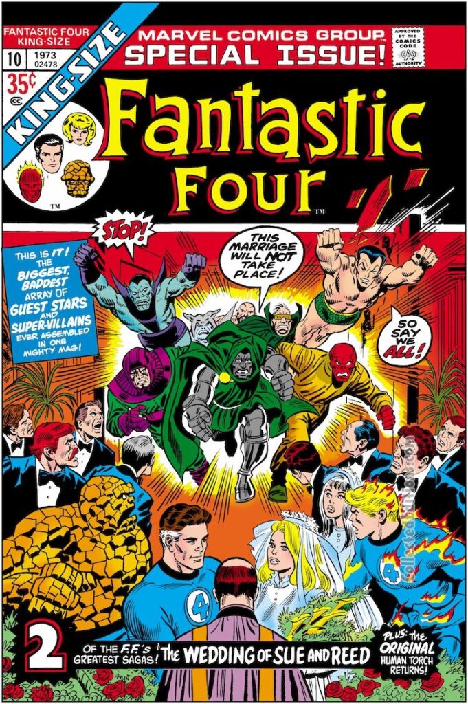 Fantastic Four Annual #10 cover; pencils, John Buscema; inks, Frank Giacoia; The Wedding of Sue and Reed reprint issue, Reed Richards/Susan Storm, marriage, Mr. Fantastic/Invisible Girl, super-villains, Dr. Doom, Red Skull, Nick Fury