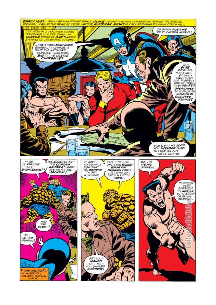 Fantastic Four Annual #11, pg. 14; pencils, John Buscema; inks, Sam Grainger; Original Human Torch, Jim Hammond, Captain America, Namor the Sub-Mariner, Invaders