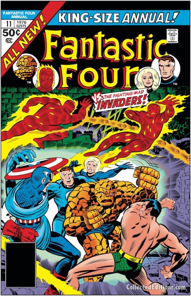 Fantastic Four Annual #11 cover; pencils, Jack Kirby; inks, Joe Sinnott; Thing vs Invaders, Human Torch vs. Original Human Torch, Jim hammond, Namor the Sub-Mariner