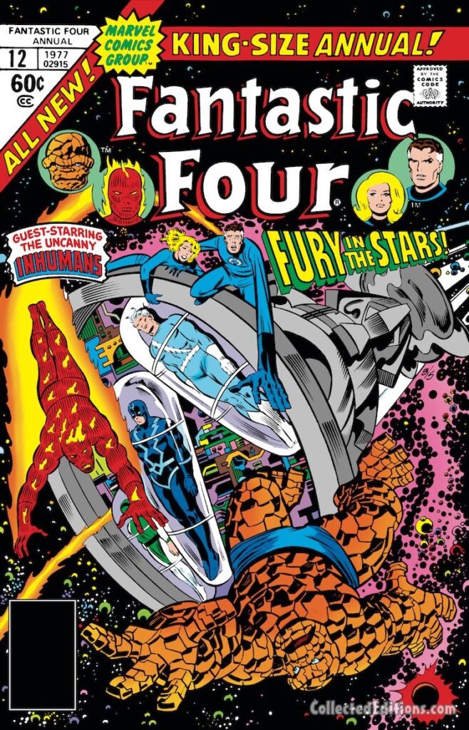 Fantastic Four Annual #12 cover; pencils, John Buscema; inks, Joe Sinnott; Fury in the Stars, Quicksilver, Black Bolt, Thing, Human Torch