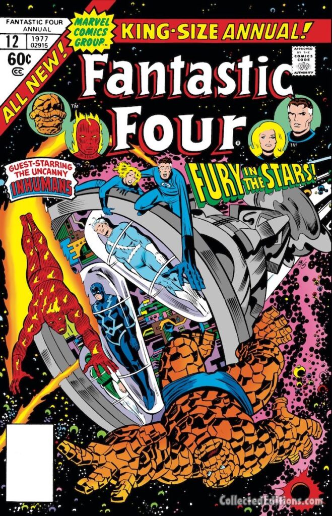 Fantastic Four Annual #12 cover; pencils, John Buscema; inks, Joe Sinnott; Fury in the Stars, Quicksilver, Black Bolt, Thing, Human Torch