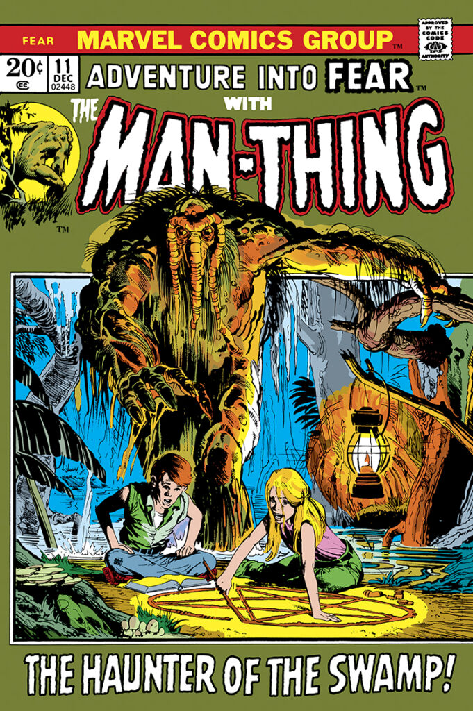 Fear #11 cover; pencils and inks, Neal Adams; Adventure Into, Man-Thing, The Haunter of the Swamp, pentagram, Jennifer Kale, Andrew Kale, Ted Sallis