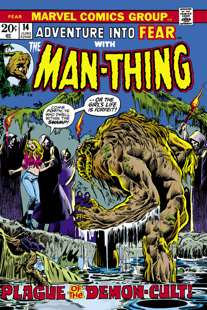 Fear #14 cover; pencils and inks, Alan Weiss; Adventure Into, Man-Thing, Plague of the Demon-Cult, Come forth, ye who dwell within the swamp or the girl’s life is forfeit; Jennifer Kale