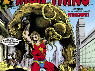 Fear #17 cover; pencils and inks, Frank Brunner; Adventure Into, Man-Thing, The sky-being called Wundarr, misshapen babe-in-arms