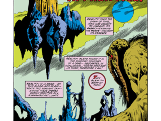 Fear #19, pg. 1; pencils, Val Mayerik; inks, Sal Trapani; The Enchanter&rsquo;s Apprentice, Steve Gerber, Roy Thomas, editor, Stan Lee Presents, splash page, Man-Thing