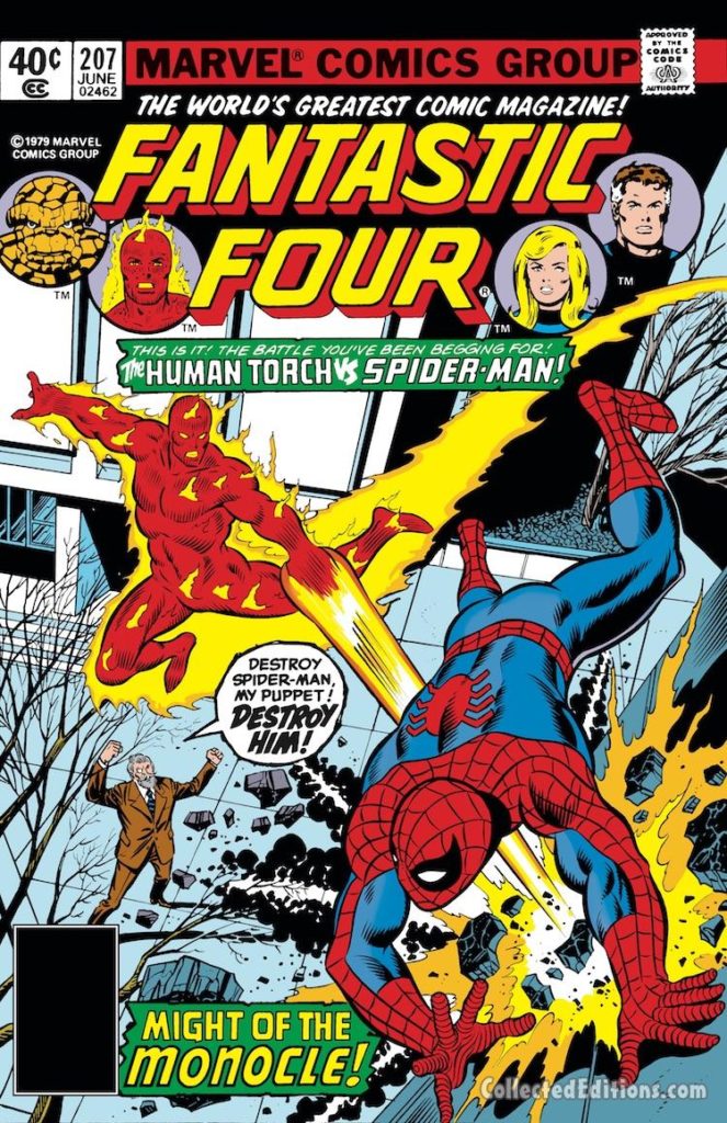 Fantastic Four #207 cover; pencils, Keith Pollard; inks, Joe Sinnott; Human Torch/Spider-Man