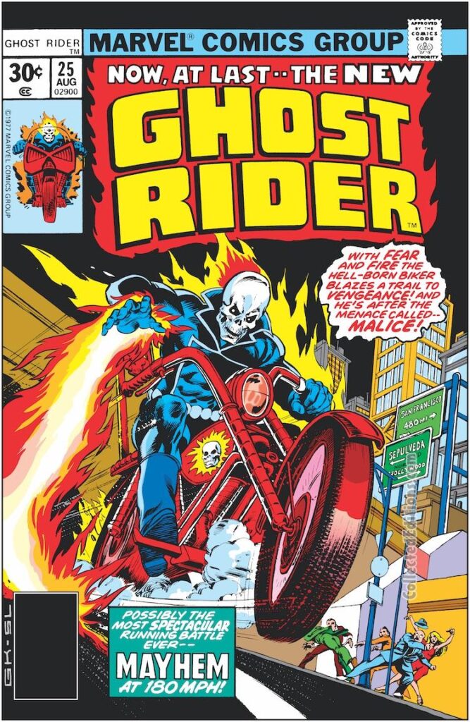 Ghost Rider #25 cover; pencils, Gil Kane; inks, Steve Leialoha; Mayhem at 180 MPH, motorcycle, Johnny Blaze
