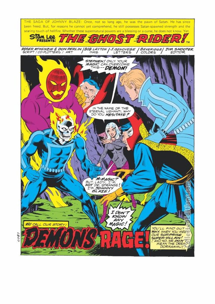 Ghost Rider #31, pg. 1; pencils, Don Perlin; inks, Bob Layton; Roger McKenzie, Doctor Strange, Clea, Johnny Blaze, Dormammu, Demon’s Rage, splash page