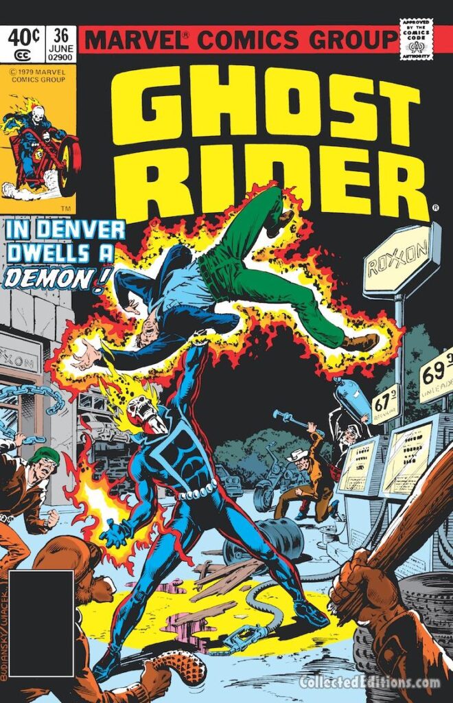 Ghost Rider #36 cover; pencils, Bob Budiansky; inks, Bob Wiacek; In Denver Dwells a Demon, Roxxon Oil