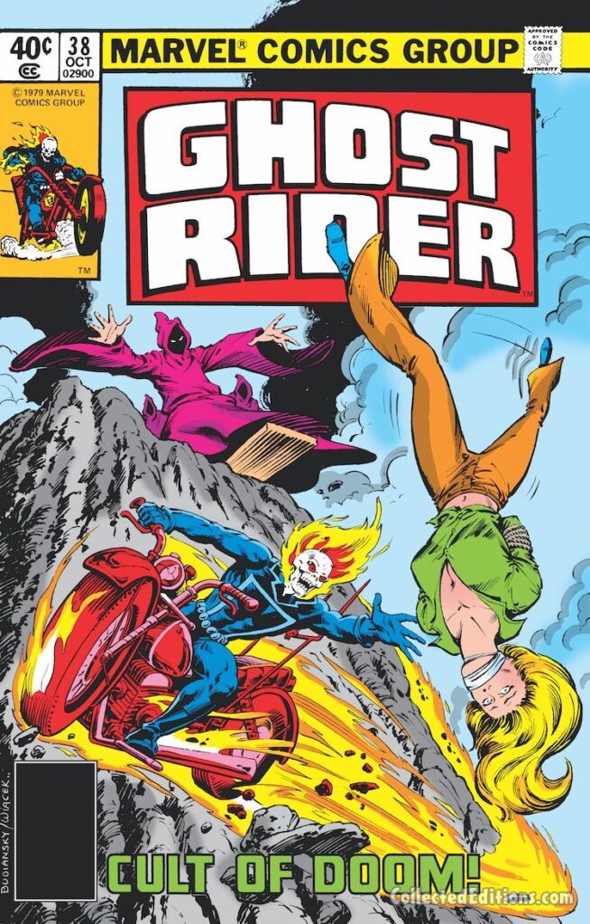 Ghost Rider #38 cover; pencils, Bob Budiansky; inks, Bob Wiacek; Cult of Doom, Karen Sterling, Death Cult