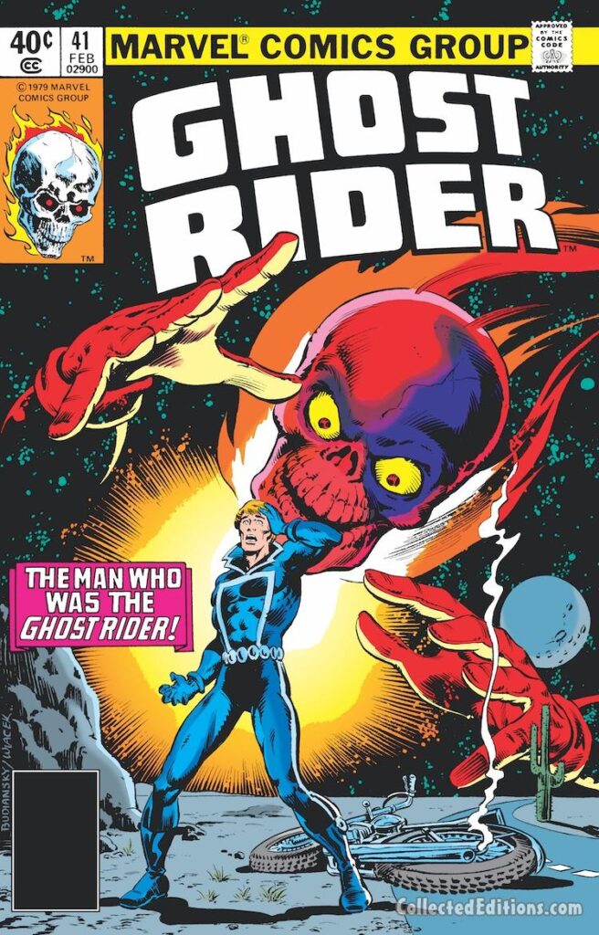 Ghost Rider #41 cover; pencils, Bob Budiansky; inks, Bob Wiacek; The Man Who Was Ghost Rider; Johnny Blaze