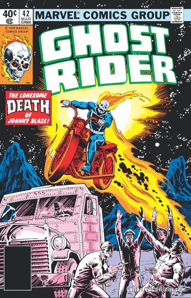 Ghost Rider #42 cover; pencils, Bob Budiansky; inks, Bob Wiacek; The Lonesome Death of Johnny Blaze, Jackal Gang