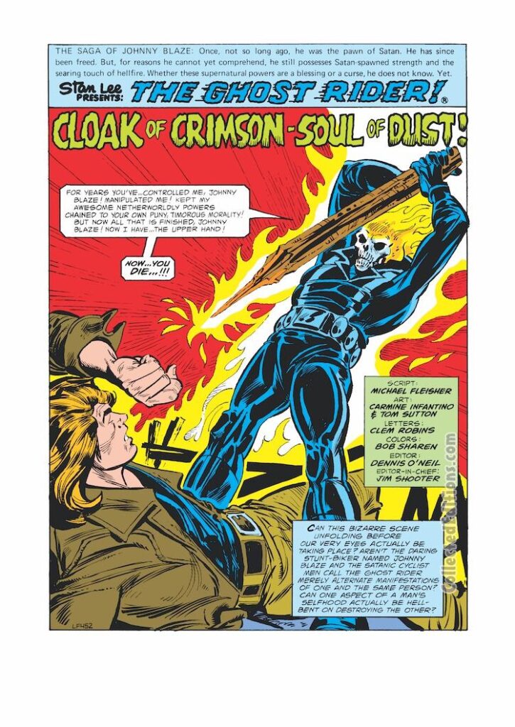 Ghost Rider #44, pg. 1; pencils, Carmine Infantino; inks, Tom Sutton; Cloak of Crimson, Soul of Dust, Michael Fleisher, splash page