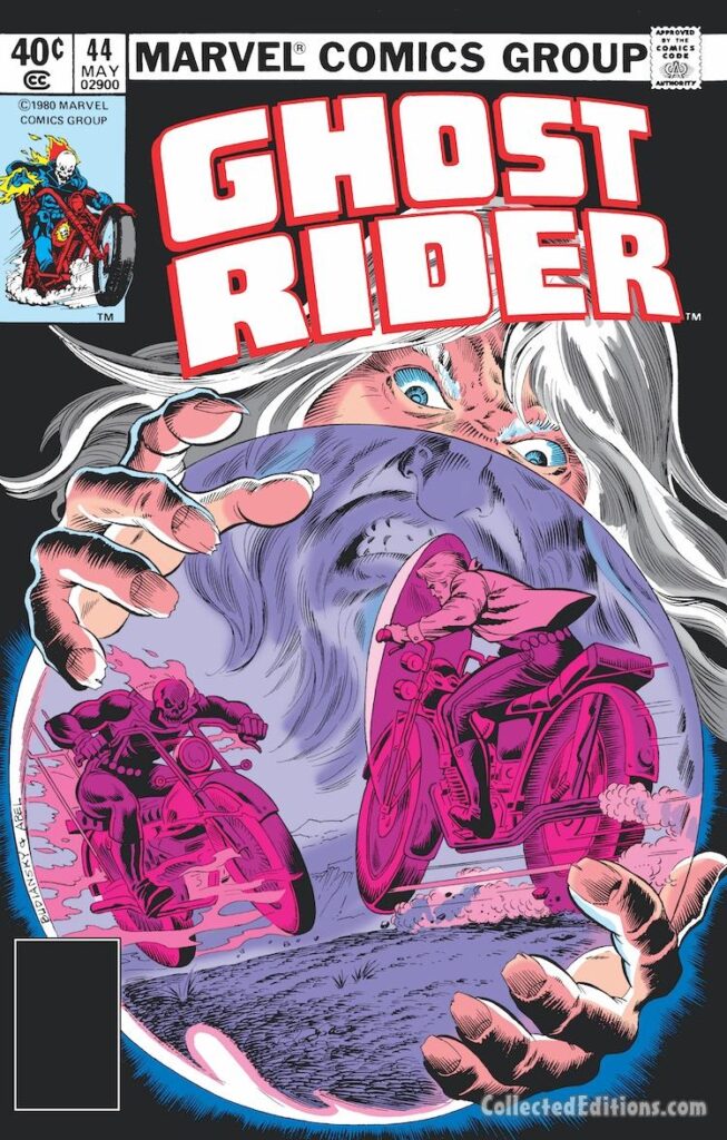 Ghost Rider #44 cover; pencils, Bob Budiansky; inks, Jack Abel; Crimson Mage, Johnny Blaze