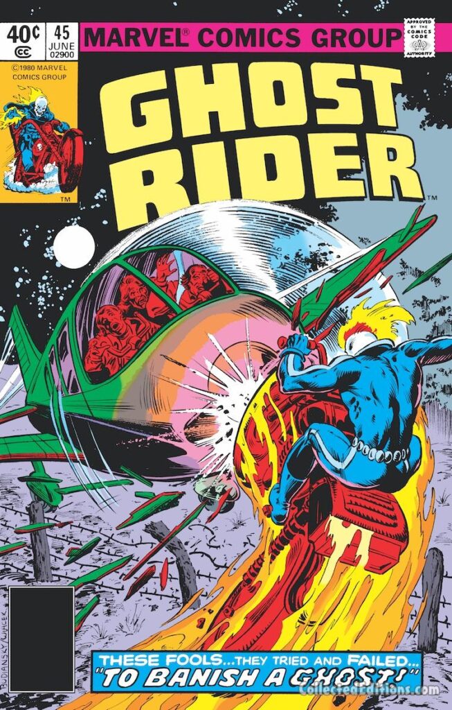 Ghost Rider #45 cover; pencils, Bob Budiansky; inks, Bob Wiacek; These Fools Tried and Failed to Banish a Ghost, airplane