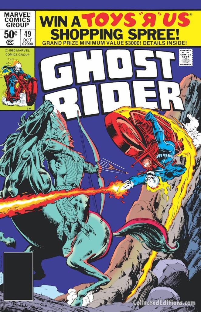 Ghost Rider #49 cover; pencils, Bob Budiansky; inks, Joe Rubinstein; Manitou, American Indian, Native, headdress, bow and arrow