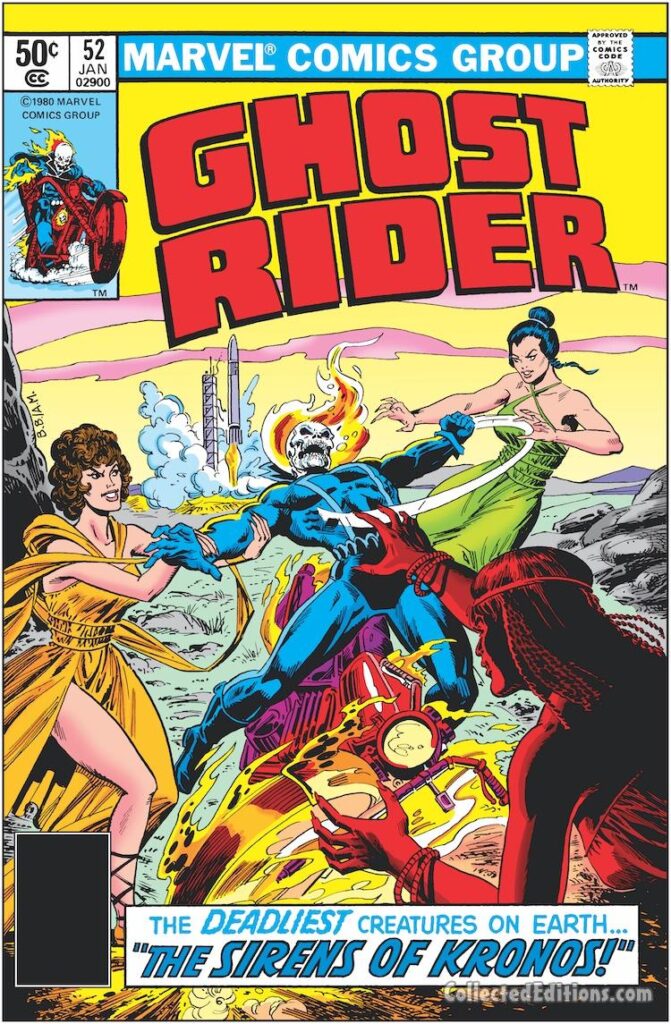 Ghost Rider #52 cover; pencils, Bob Budiansky; inks, Al Milgrom; Deadliest creatures on earth, the Sirens of Kronos, Leucosia, Ligea, Parthenope