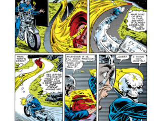 Ghost Rider #69, pg. 2; pencils, Bob Budiansky; inks, Dave Simons Ghost Rider #69, pg. 2; pencils, Bob Budiansky; inks, Dave Simons; motorcycle cop, Pro Cycle Magazine, Johnny Blaze, Fort Wayne, Indiana