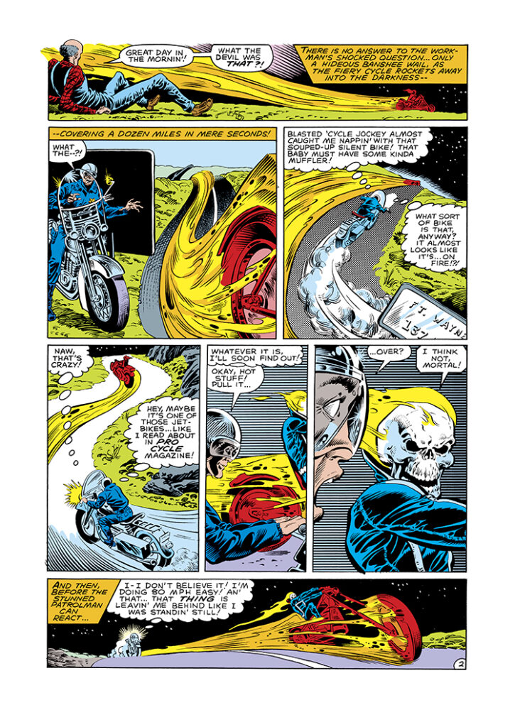 Ghost Rider #69, pg. 2; pencils, Bob Budiansky; inks, Dave Simons; motorcycle cop, Pro Cycle Magazine, Johnny Blaze, Fort Wayne, Indiana