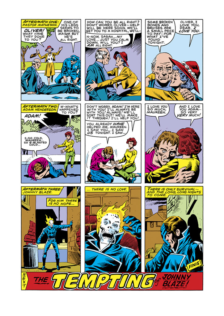 Ghost Rider #71, pg. 22; pencils, Don Perlin; inks, Danny Bulanadi; Oliver Matheson, Sarah Matheson, Adam Henderson, Maureen Henderson, Johnny Blaze, transformation