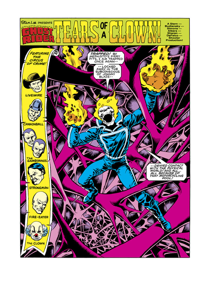 Ghost Rider #73, pg. 1; pencils, Bob Budiansky; inks, Dave Simons; Tears of a Clown, Stan Lee Presents, Circus of Crime, Livewire, the Gambonnos, Cannonball, Strongman, Fire-Eater, the Clown, Roger Stern