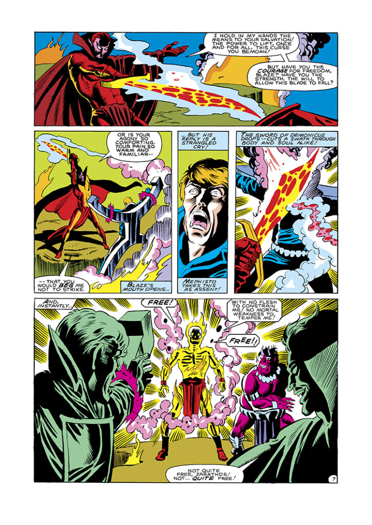 Ghost Rider #76, pg. 7; pencils, Don Perlin; inks, Dave Simons; Johnny Blaze, Mephisto, Zarathos, Asmodeus