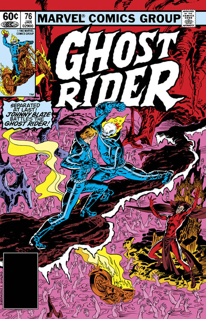 Ghost Rider #76 cover; pencils, Bob Budiansky; inks, Dave Simons; Johnny Blaze battles separated at last, Mephisto