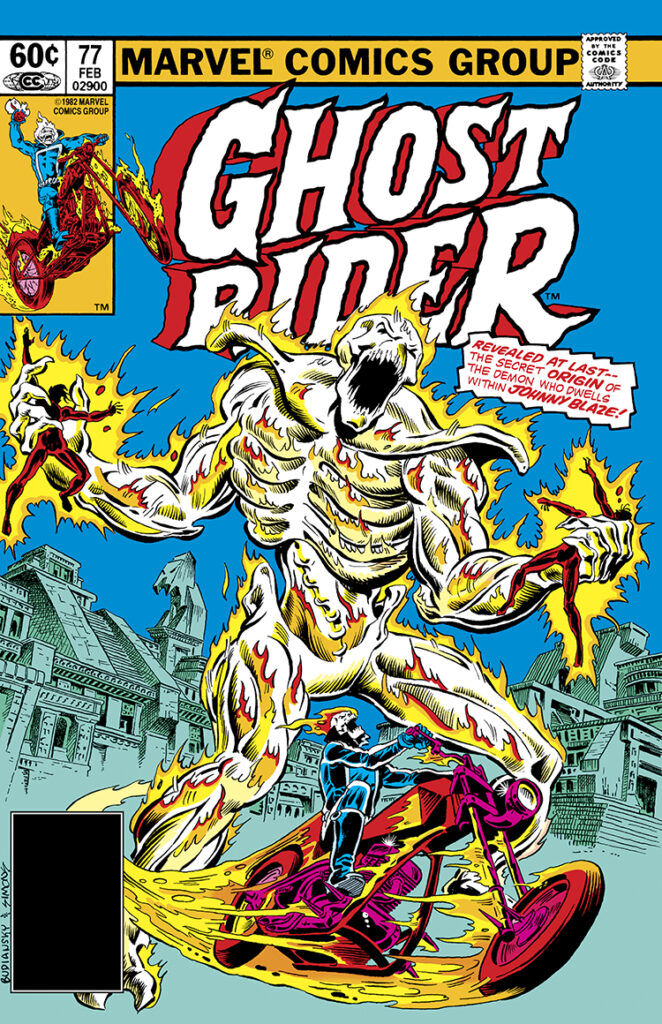Ghost Rider #77 cover; pencils, Bob Budiansky; inks, Dave Simons; Johnny Blaze, revealed at last, secret origin the demon who dwells, Zarathos