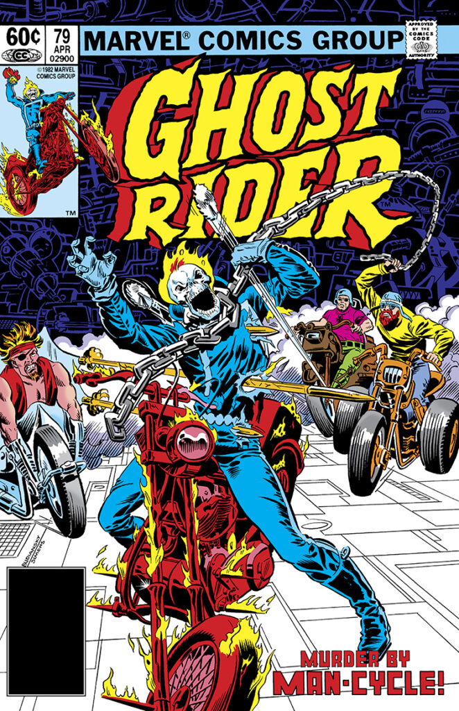 Ghost Rider #79 cover; pencils, Bob Budiansky; inks, Dave Simons; Johnny Blaze, murder by man-cycle, Freakmaster