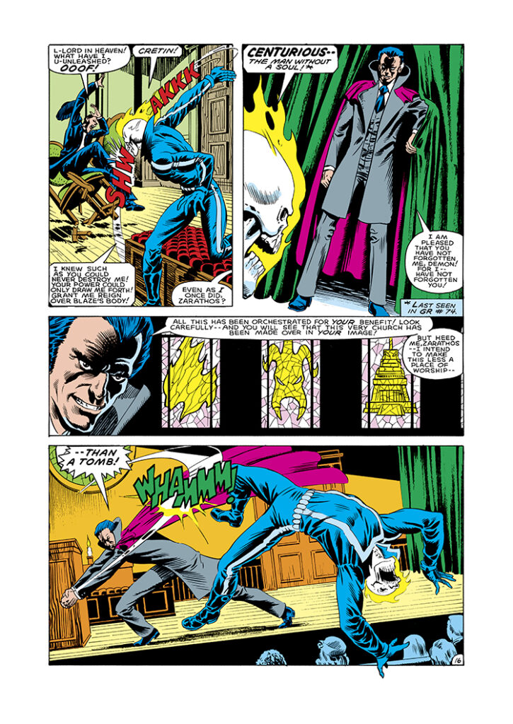 Ghost Rider #80, pg. 16; pencils, Bob Budiansky; inks, Kevin Dzuban; Johnny Blaze, Centurious, Zarathos, Ethan Domblue, first appearance