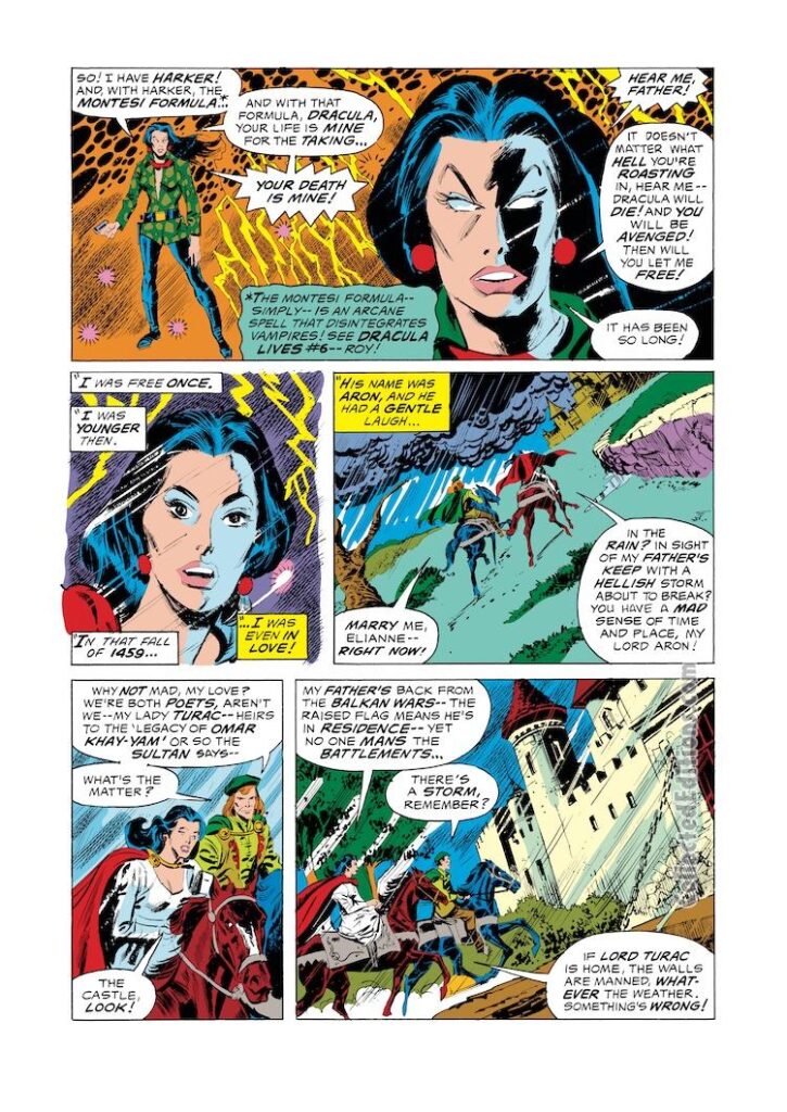 Giant-Size Dracula #3, pg. 5; pencils, Don Heck; inks, Frank Springer; Montesi Formula; Lilith, Daughter of Dracula; Aron, Lord Turac, Lady Turac, Omar Khay-Yam