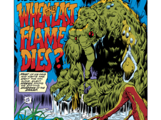 Giant-Size Man-Thing (1974) #1, pg. 1; pencils, Mike Ploog. Inks, Frank Chiaramonte; How will we keep warm when the last flame dies, Steve Gerber, Stan Lee Presents, splash page, swamp