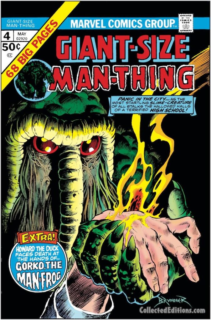 Giant-Size Man-Thing #4 cover; pencils and inks, Frank Brunner; Gorko the Man-Frog, Howard the Duck