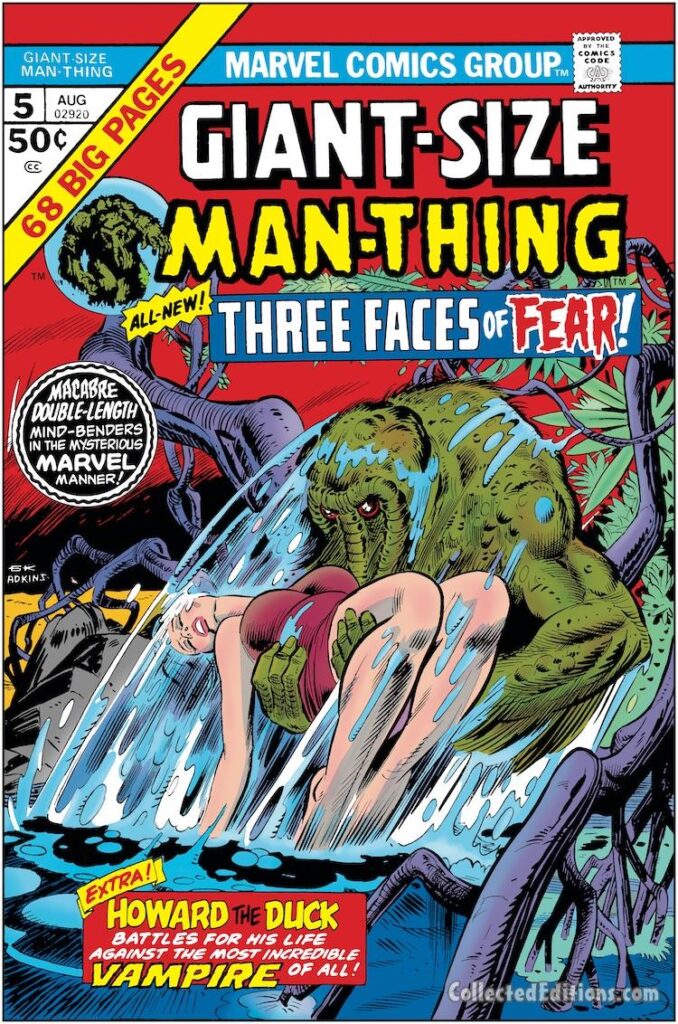 Giant-Size Man-Thing #5 cover; pencils, Gil Kane; inks, Dan Adkins; Howard the Duck, Hellcow