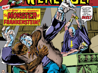 Giant-Size Werewolf #2 cover; pencils, Gil Kane; inks, Tom Palmer; alterations, John Romita Sr.; The Monster of Frankenstein, Man-Beast vs. Man-Monster, Brotherhood of Baal, Danton Vayla; Jack Russell by Night